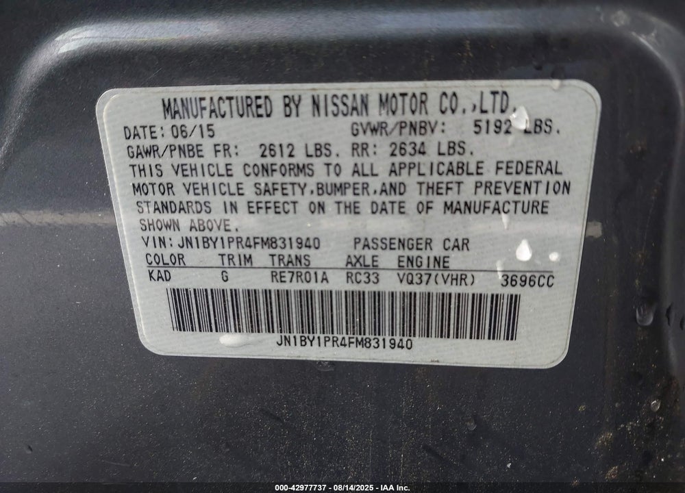 2015 INFINITI Q70L 3.7X VIN: JN1BY1PR4FM831940