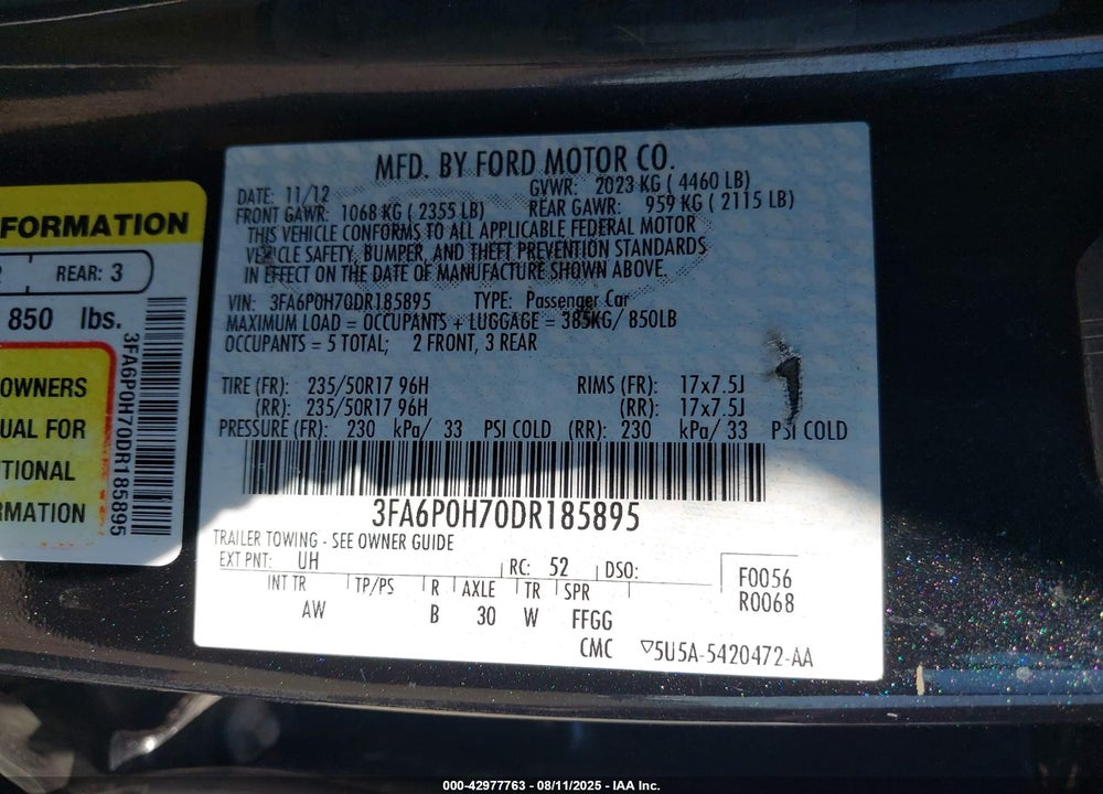 2013 FORD FUSION SE VIN: 3FA6P0H70DR185895
