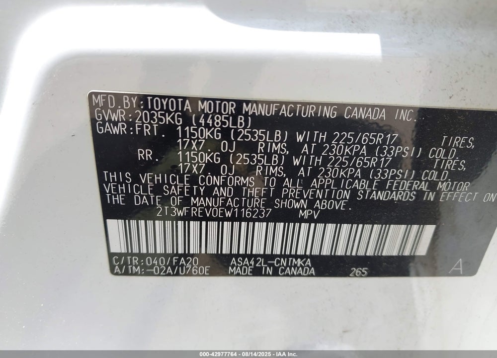 2014 TOYOTA RAV4 VIN: 2T3WFREV0EW116237