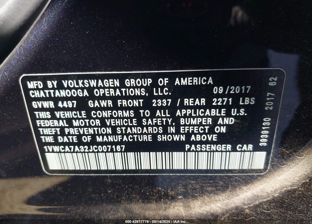 2018 VOLKSWAGEN PASSAT VIN: 1VWCA7A32JC007167
