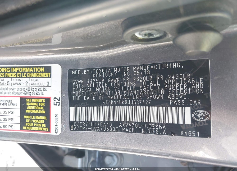2018 TOYOTA CAMRY VIN: 4T1B11HK9JU637427
