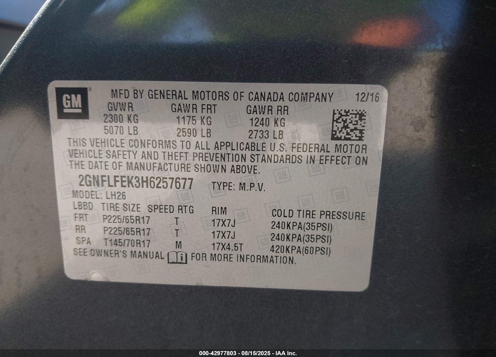 2017 CHEVROLET EQUINOX VIN: 2GNFLFEK3H6257677