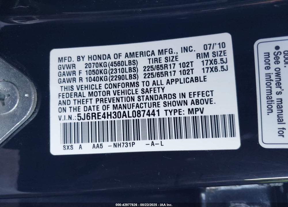 2010 HONDA CR-V VIN: 5J6RE4H30AL087441