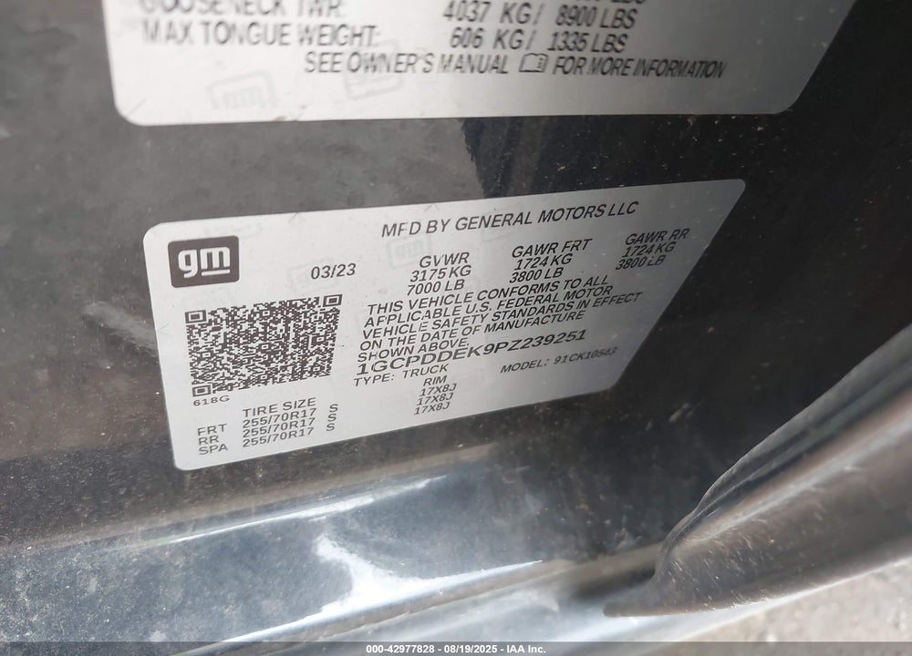 2023 CHEVROLET SILVERADO 1500 VIN: 1GCPDDEK9PZ239251