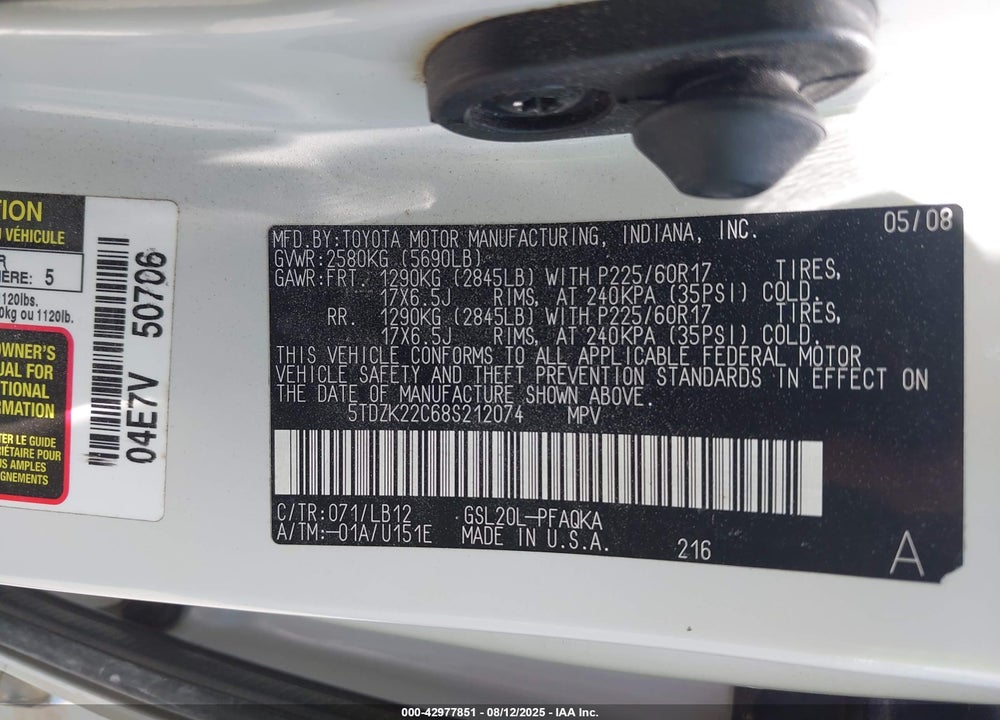 2008 TOYOTA SIENNA LIMITED VIN: 5TDZK22C68S212074