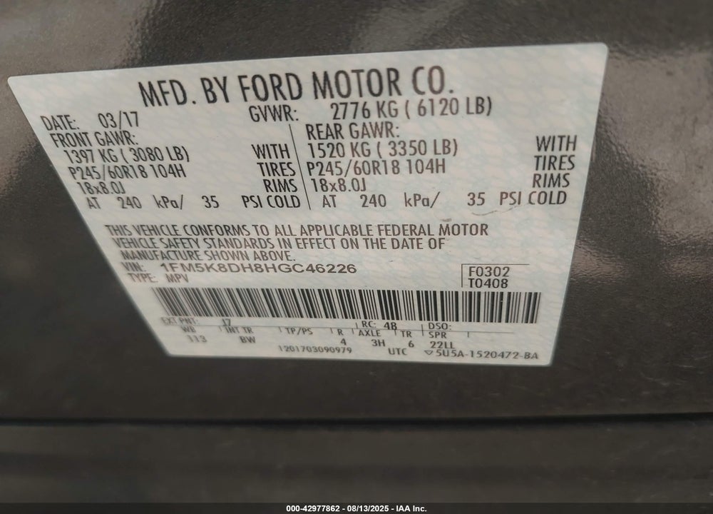 2017 FORD EXPLORER VIN: 1FM5K8DH8HGC46226