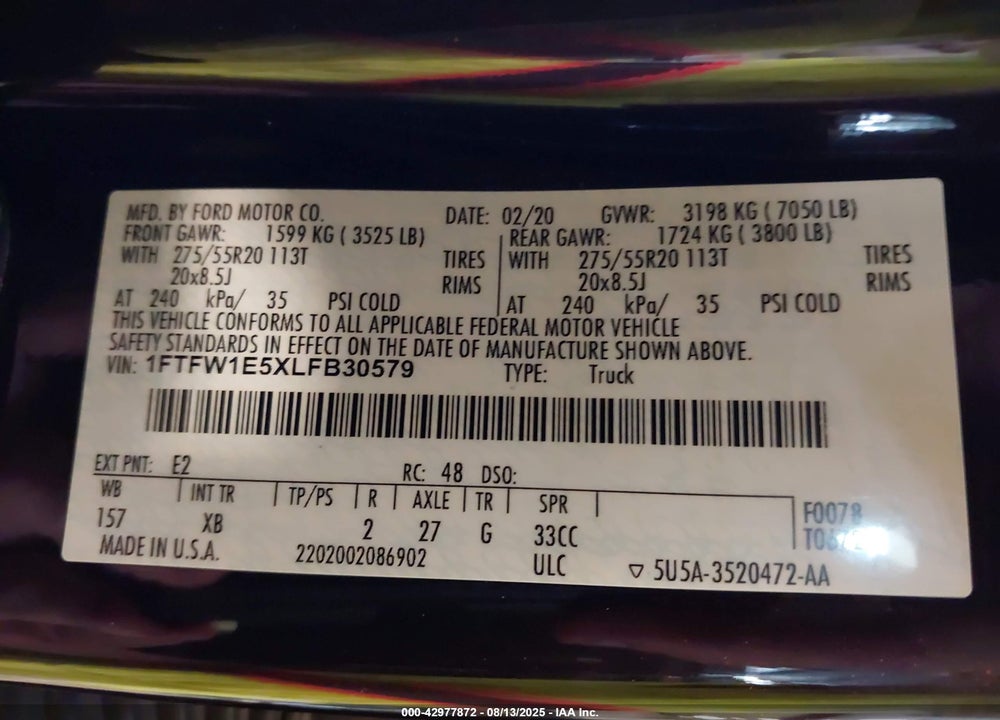 2020 FORD F-150 XLT VIN: 1FTFW1E5XLFB30579