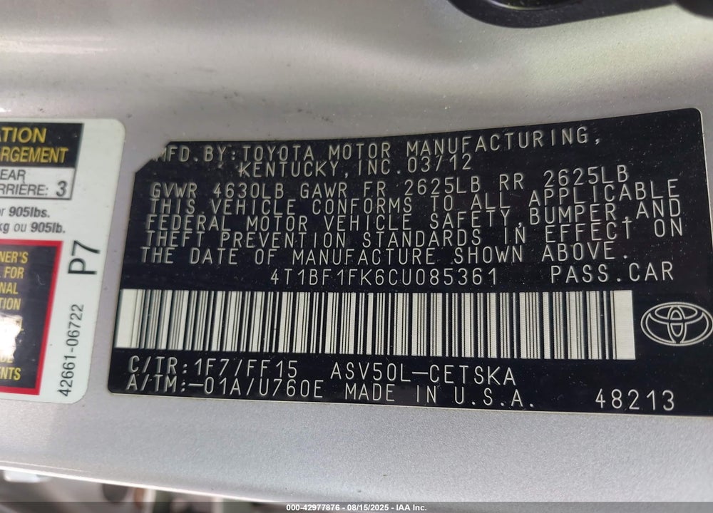 2012 TOYOTA CAMRY VIN: 4T1BF1FK6CU085361