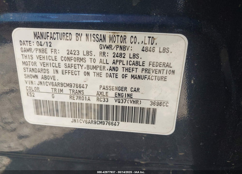 2012 INFINITI G37X VIN: JN1CV6AR9CM976647