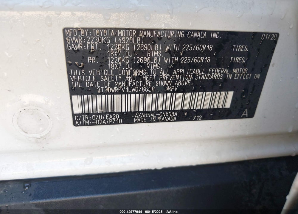 2020 TOYOTA RAV4 HYBRID VIN: 2T3DWRFV1LW076608