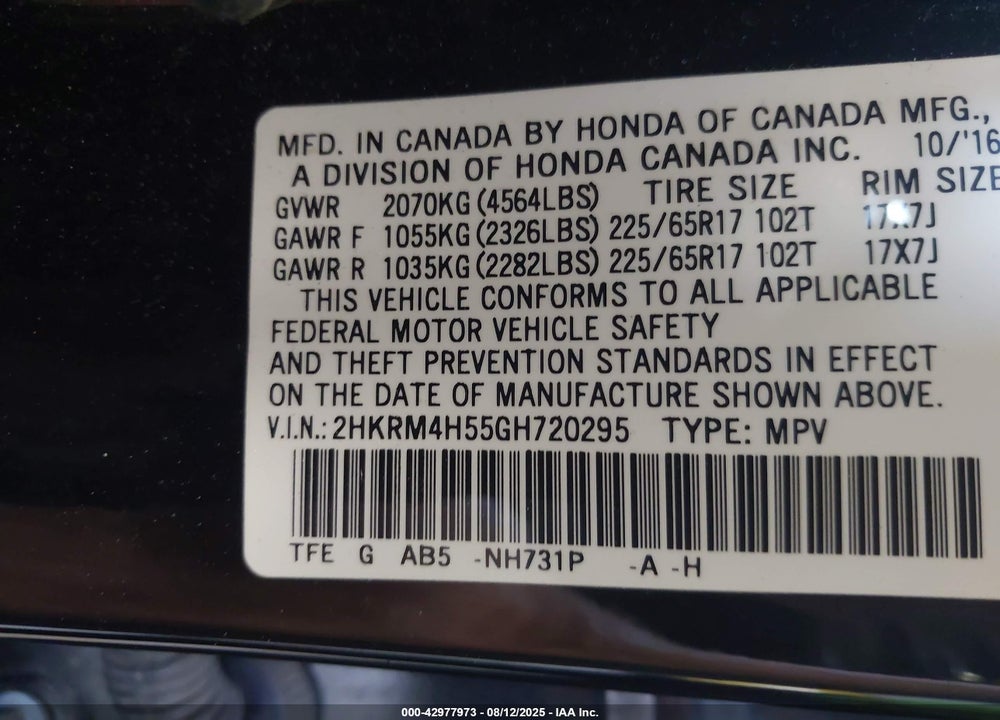 2016 HONDA CR-V VIN: 2HKRM4H55GH720295