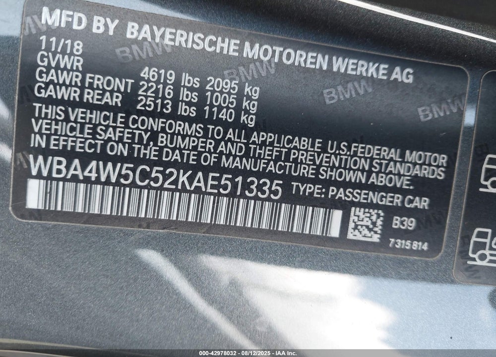 2019 BMW 4 SERIES VIN: WBA4W5C52KAE51335