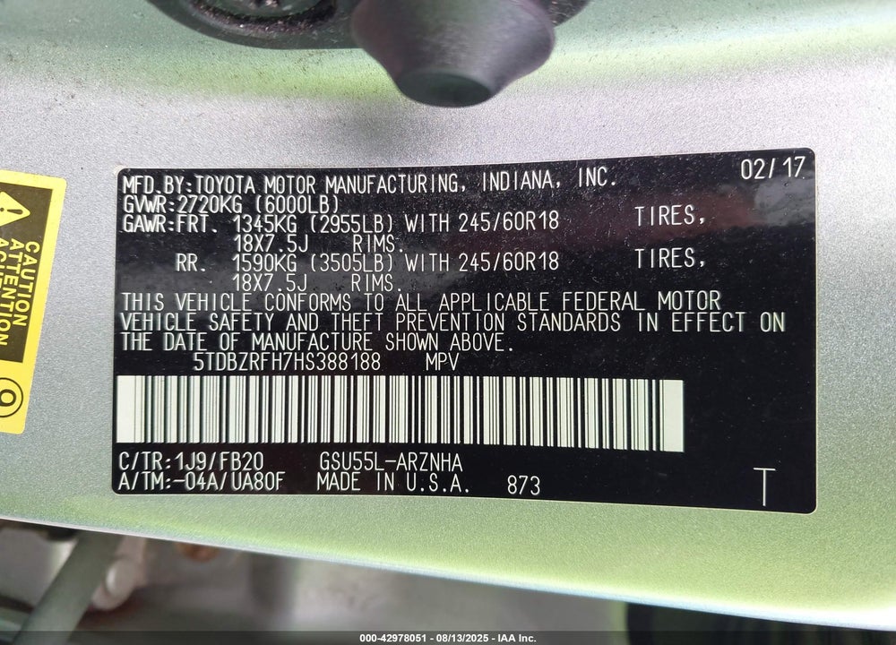 2017 TOYOTA HIGHLANDER VIN: 5TDBZRFH7HS388188
