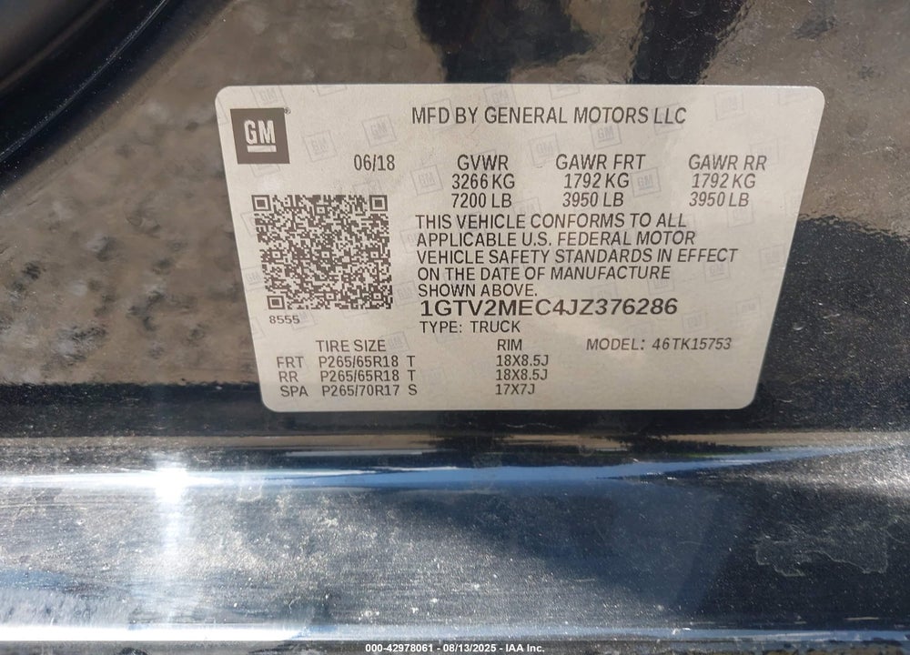 2018 GMC SIERRA 1500 VIN: 1GTV2MEC4JZ376286