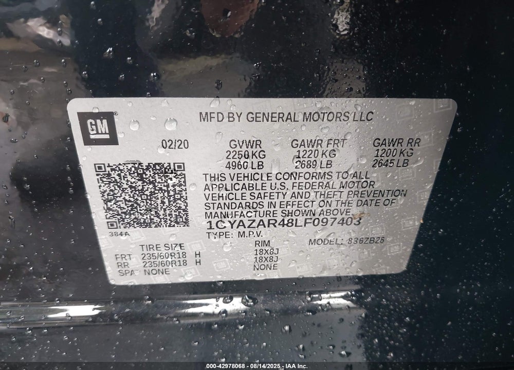 2020 CADILLAC XT4 VIN: 1GYAZAR48LF097403