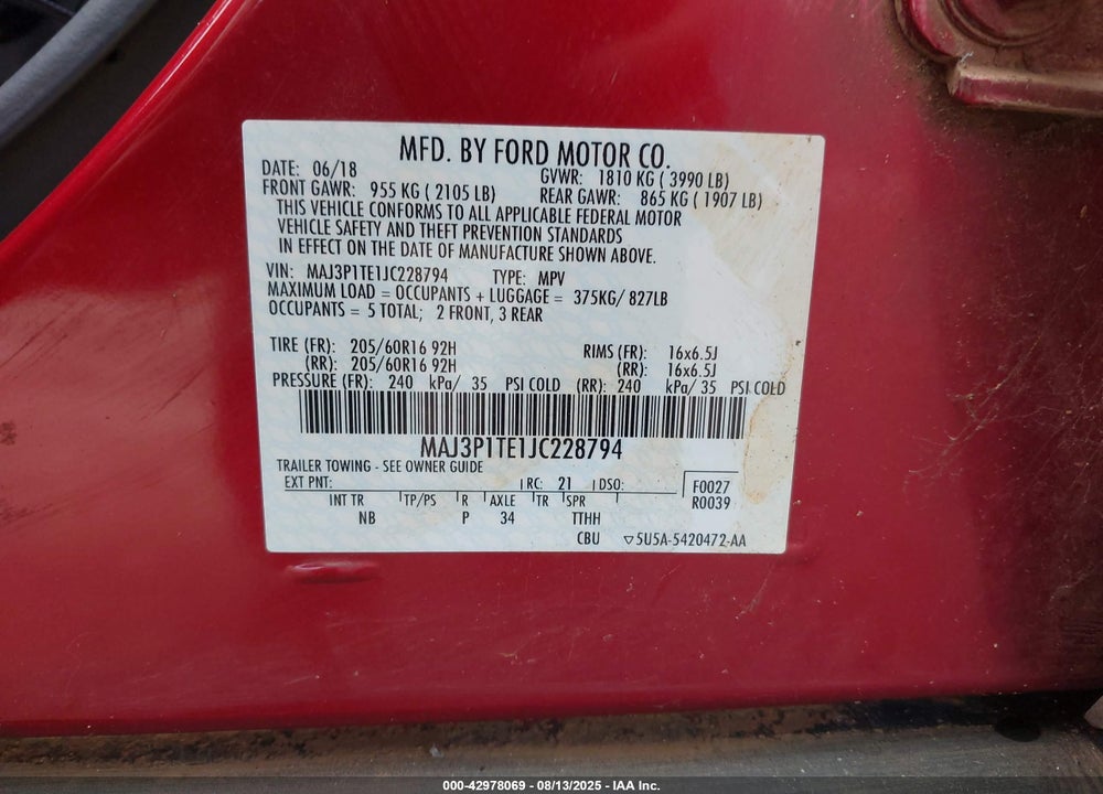 2018 FORD ECOSPORT VIN: MAJ3P1TE1JC228794