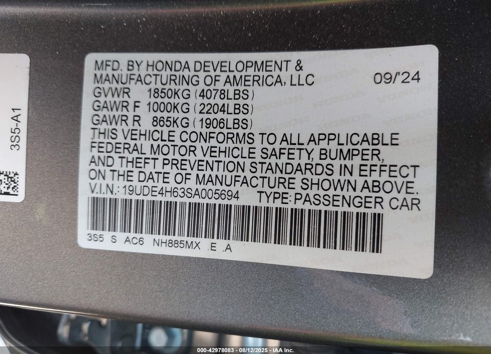2025 ACURA INTEGRA VIN: 19UDE4H63SA005694
