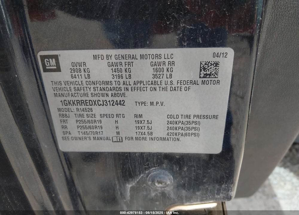 2012 GMC ACADIA VIN: 1GKKRREDXCJ312442