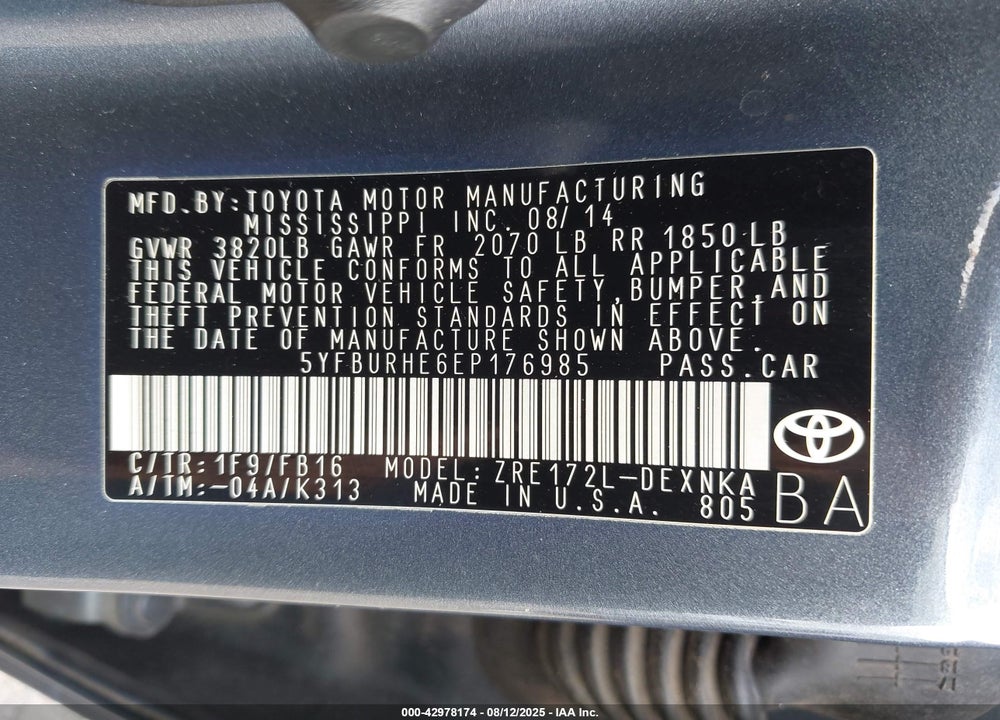2014 TOYOTA COROLLA LE VIN: 5YFBURHE6EP176985