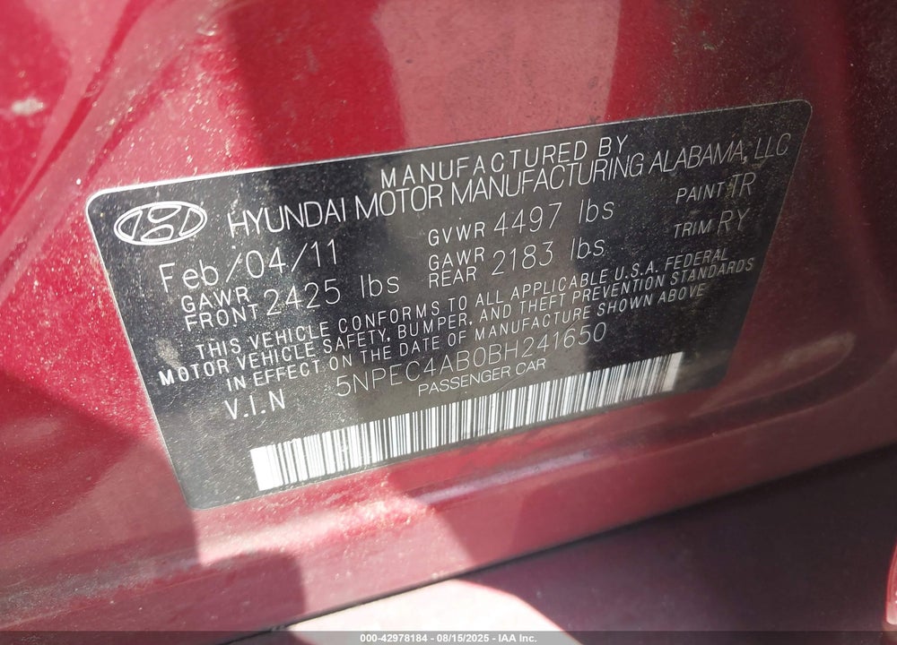 2011 HYUNDAI SONATA VIN: 5NPEC4AB0BH241650