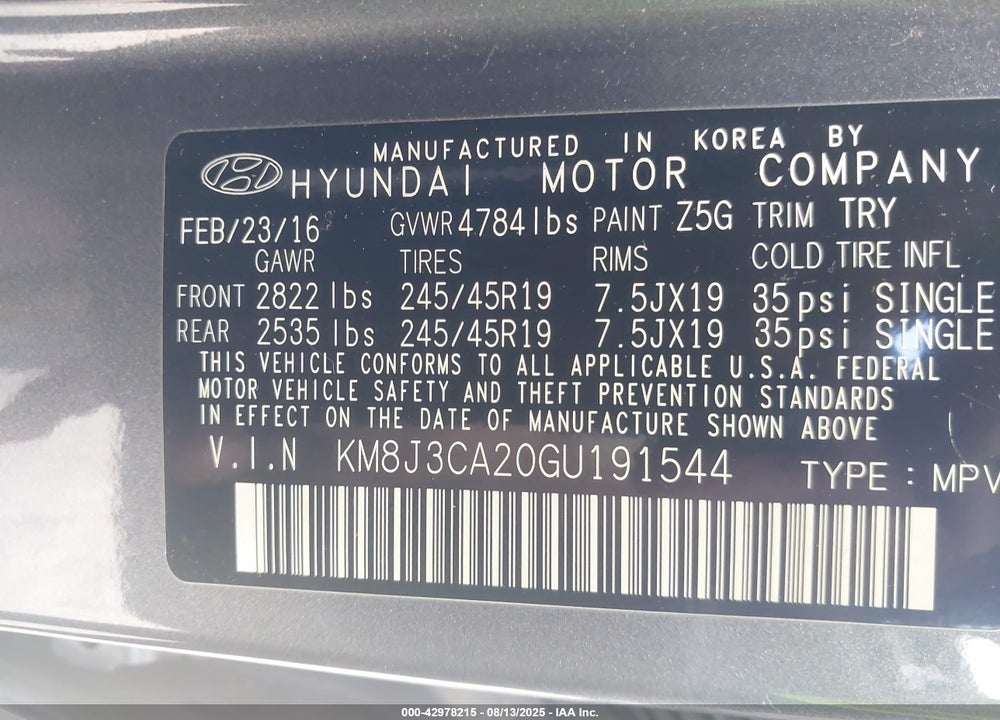 2016 HYUNDAI TUCSON VIN: KM8J3CA20GU191544