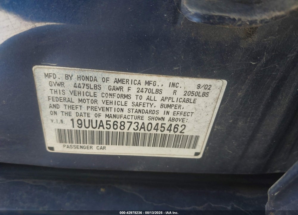 2003 ACURA TL 3.2 TYPE S VIN: 19UUA56873A045462