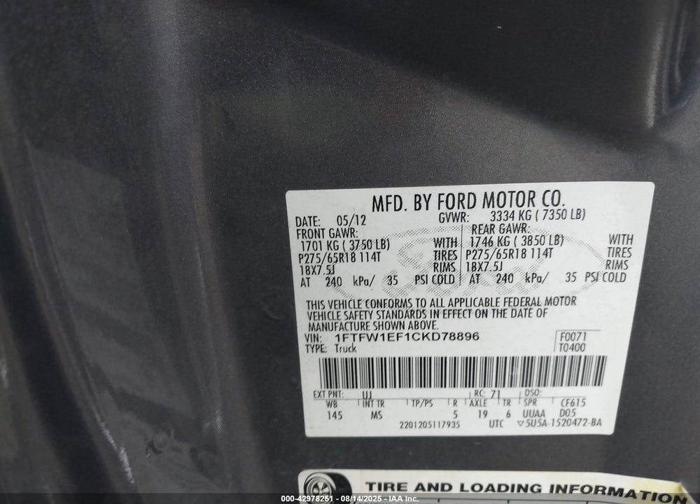 2012 FORD F-150 VIN: 1FTFW1EF1CKD78896