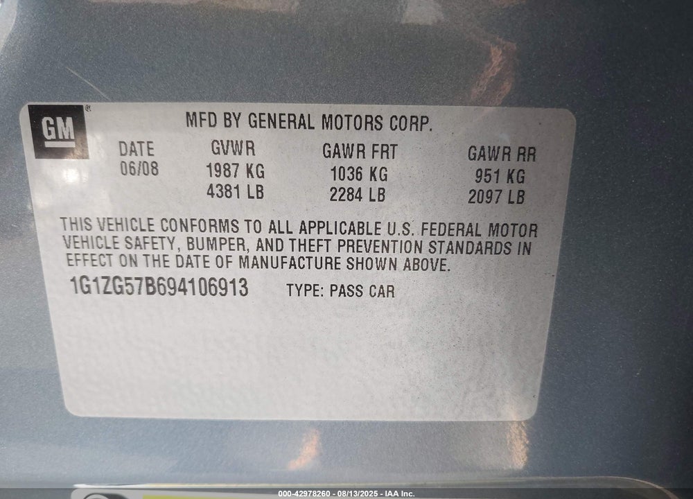 2009 CHEVROLET MALIBU VIN: 1G1ZG57B694106913