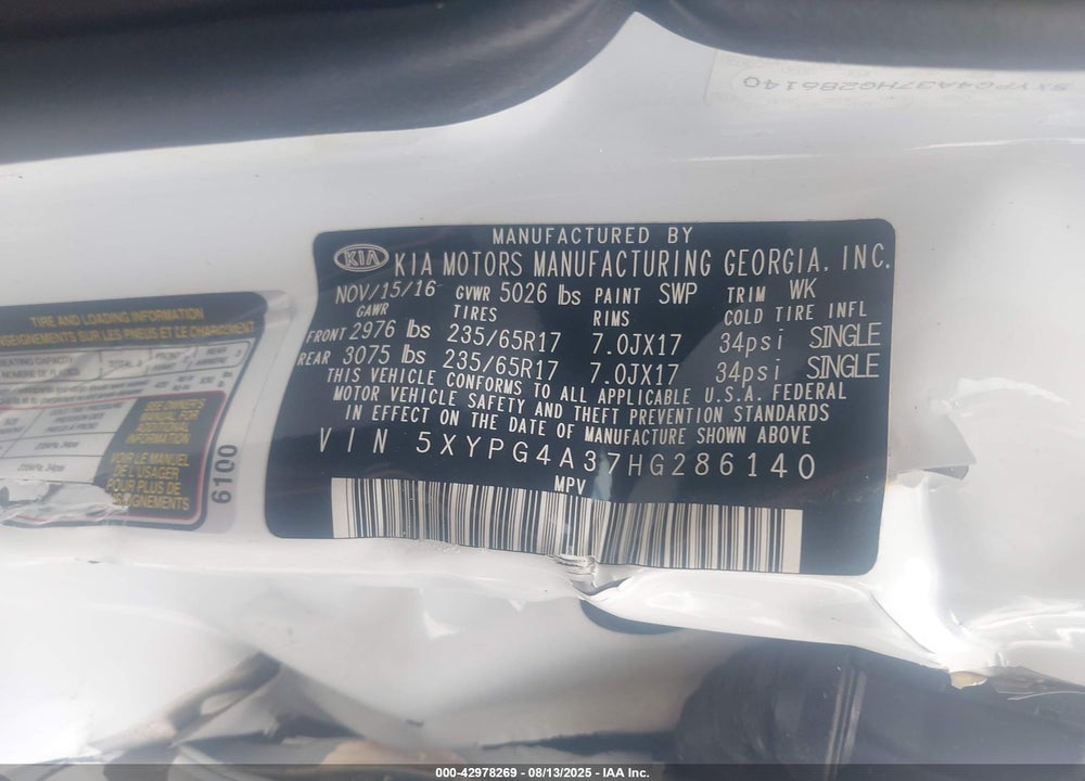 2017 KIA SORENTO VIN: 5XYPG4A37HG286140