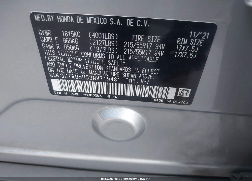 2022 HONDA HR-V VIN: 3CZRU5H59NM719481