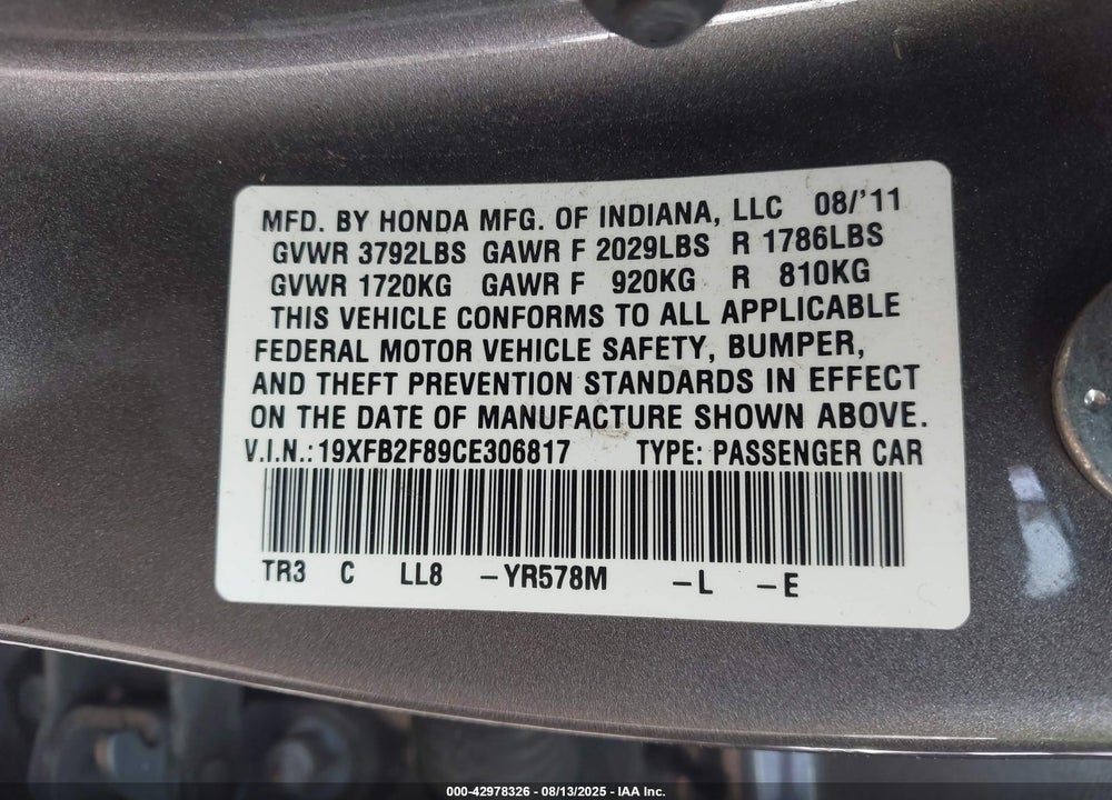 2012 HONDA CIVIC VIN: 19XFB2F89CE306817