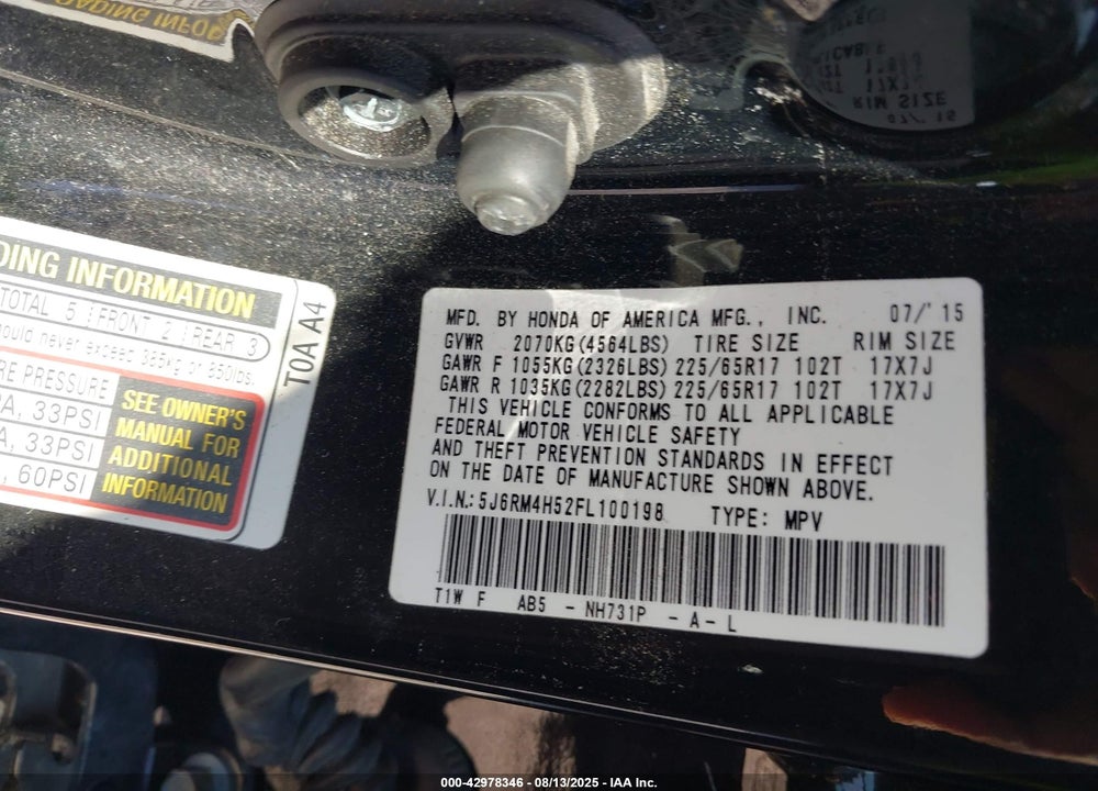 2015 HONDA CR-V VIN: 5J6RM4H52FL100198