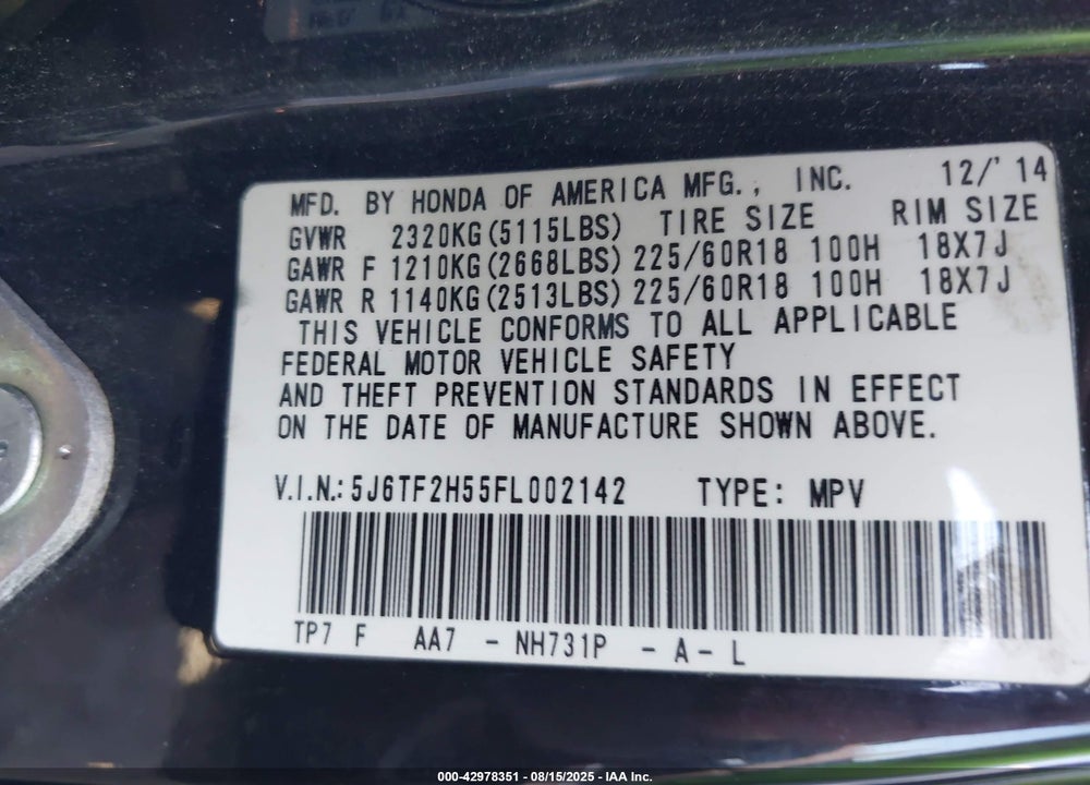 2015 HONDA CROSSTOUR VIN: 5J6TF2H55FL002142