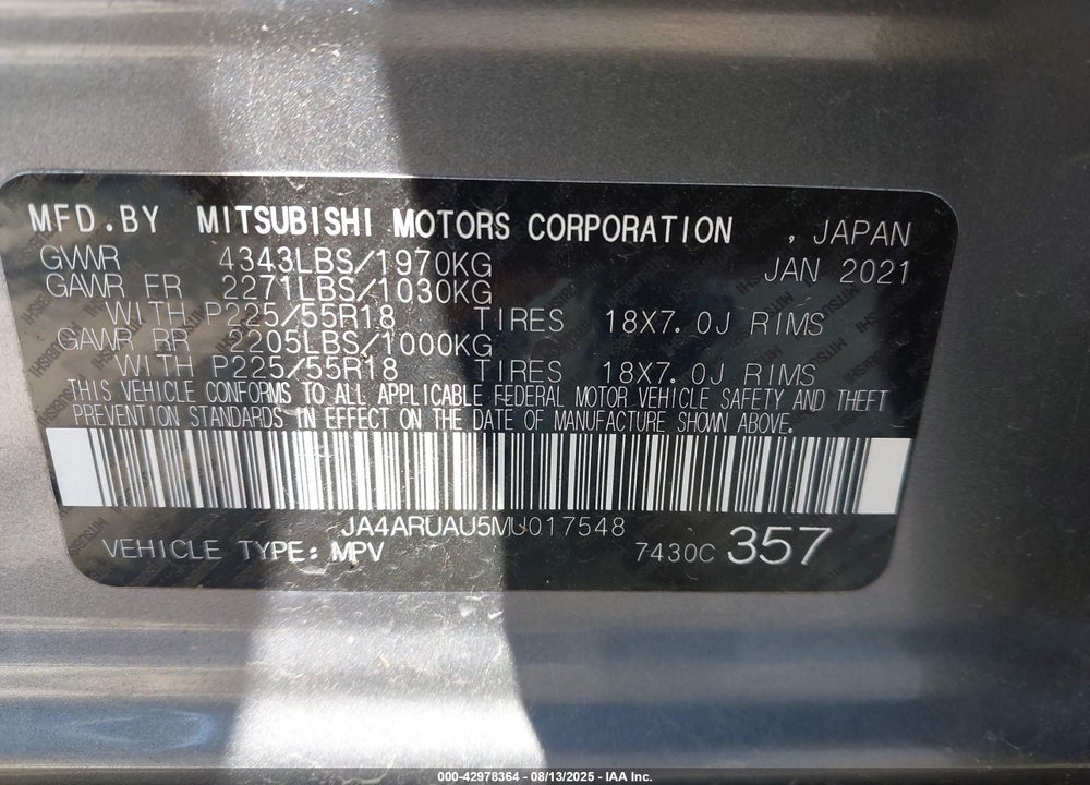 2021 MITSUBISHI OUTLANDER SPORT VIN: JA4ARUAU5MU017548