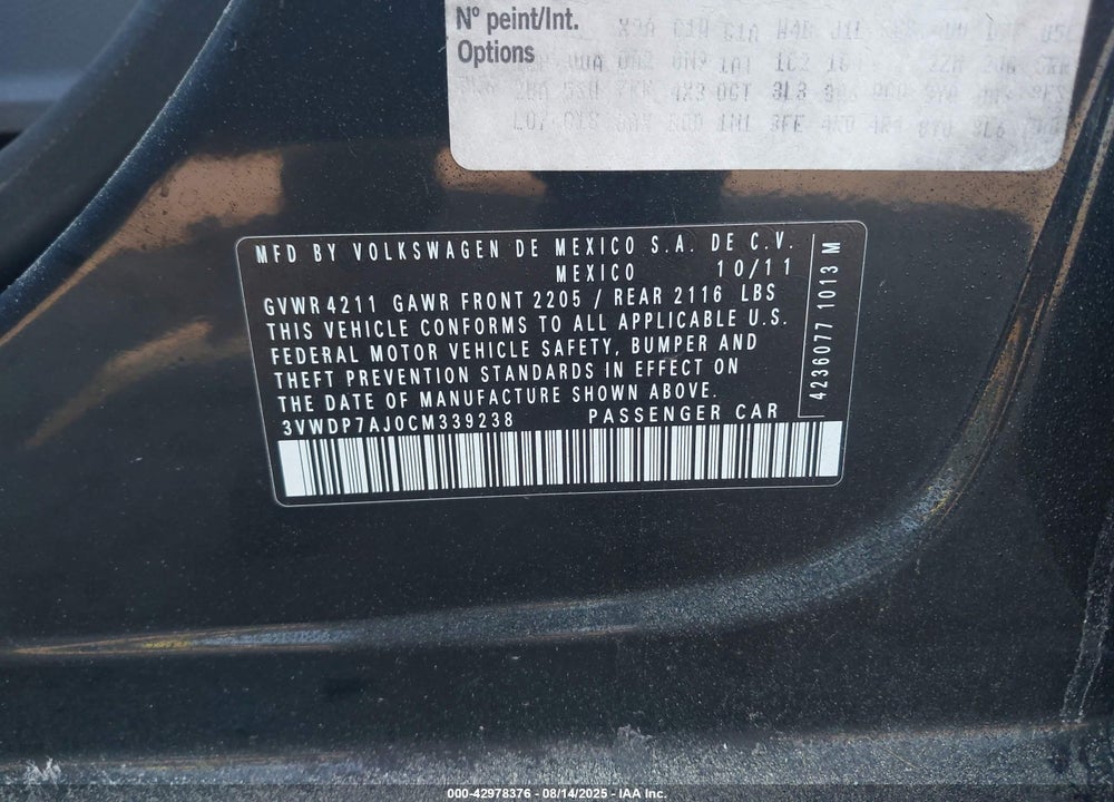 2012 VOLKSWAGEN JETTA VIN: 3VWDP7AJ0CM339238