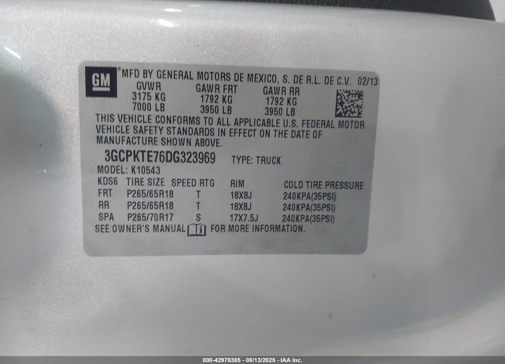 2013 CHEVROLET SILVERADO 1500 VIN: 3GCPKTE76DG323969