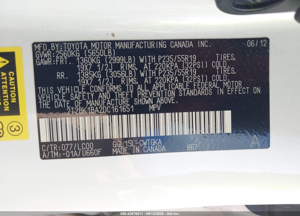 2013 LEXUS RX 350 VIN: 2T2BK1BA2DC161651