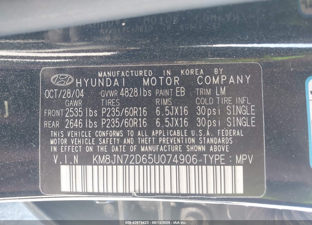 2005 HYUNDAI TUCSON GLS/LX VIN: KM8JN72D65U074906