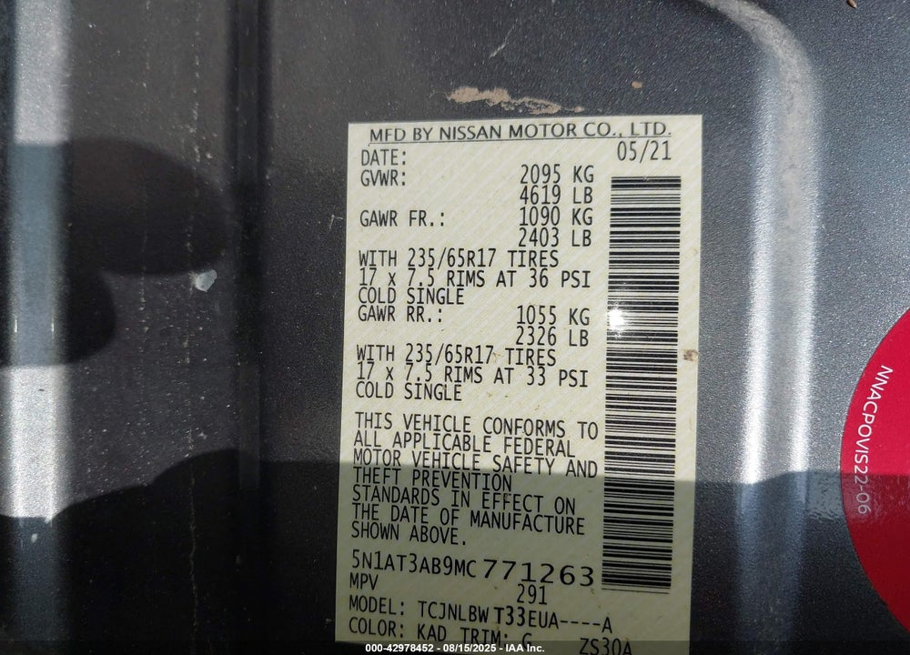 2021 NISSAN ROGUE VIN: 5N1AT3AB9MC771263