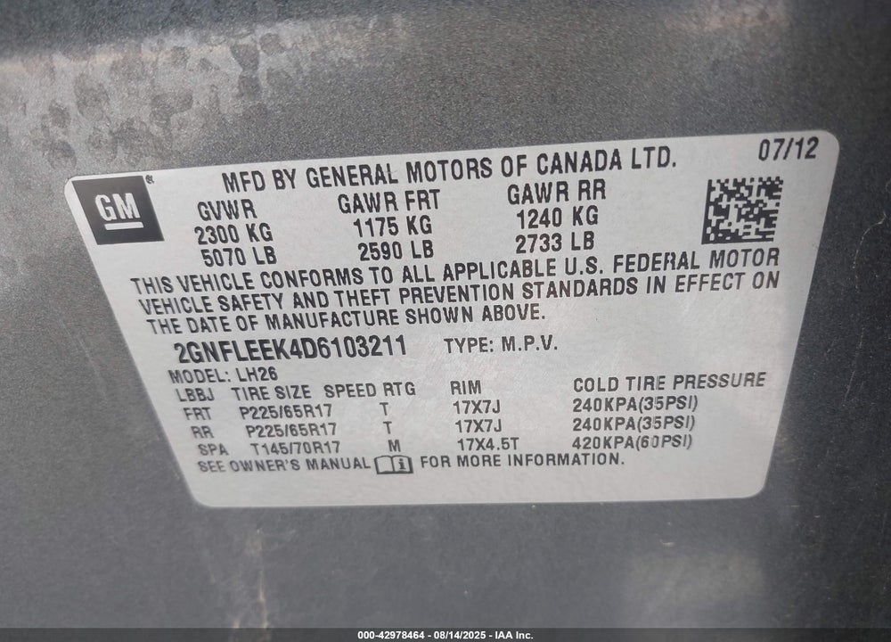 2013 CHEVROLET EQUINOX VIN: 2GNFLEEK4D6103211