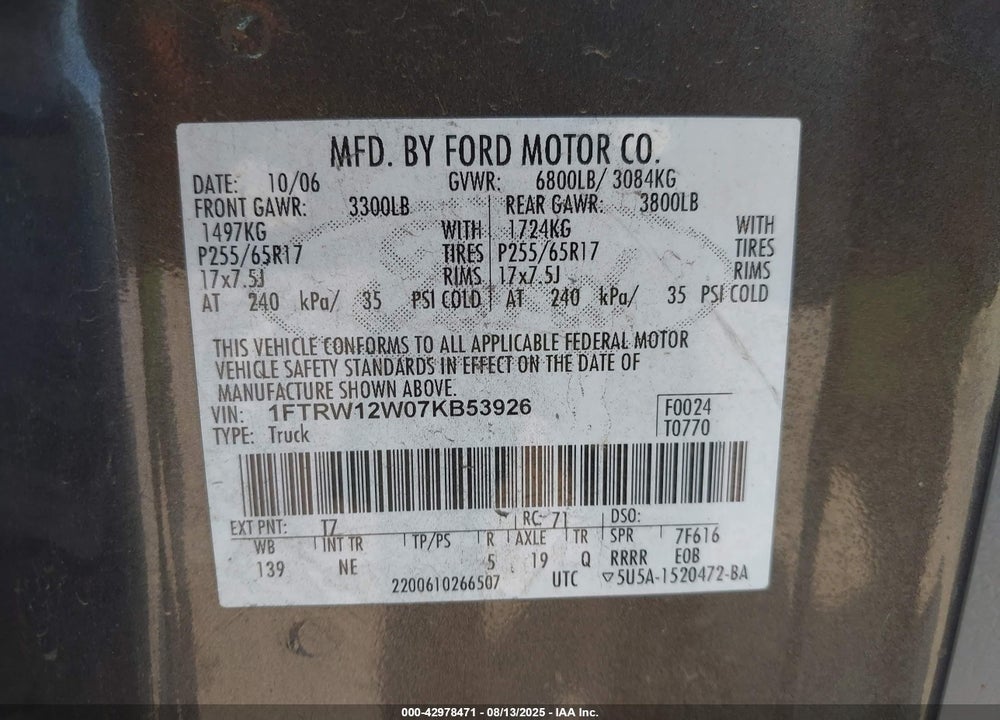 2007 FORD F-150 VIN: 1FTRW12W07KB53926