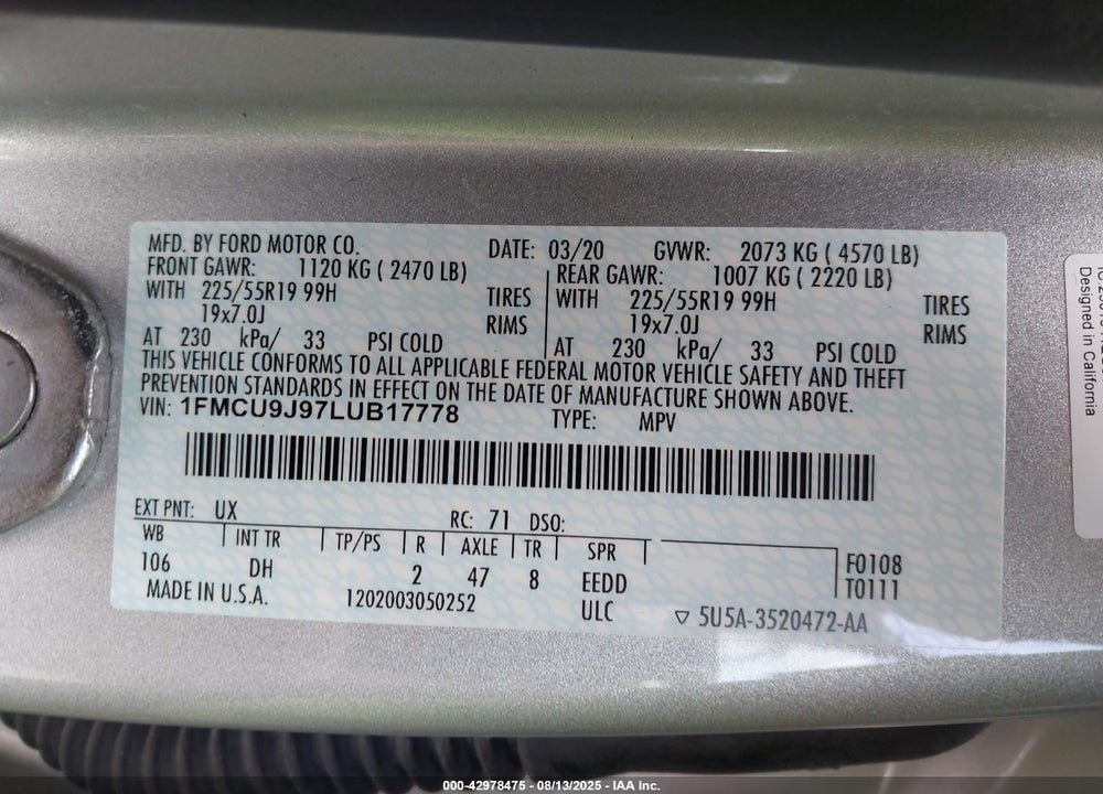 2020 FORD ESCAPE VIN: 1FMCU9J97LUB17778