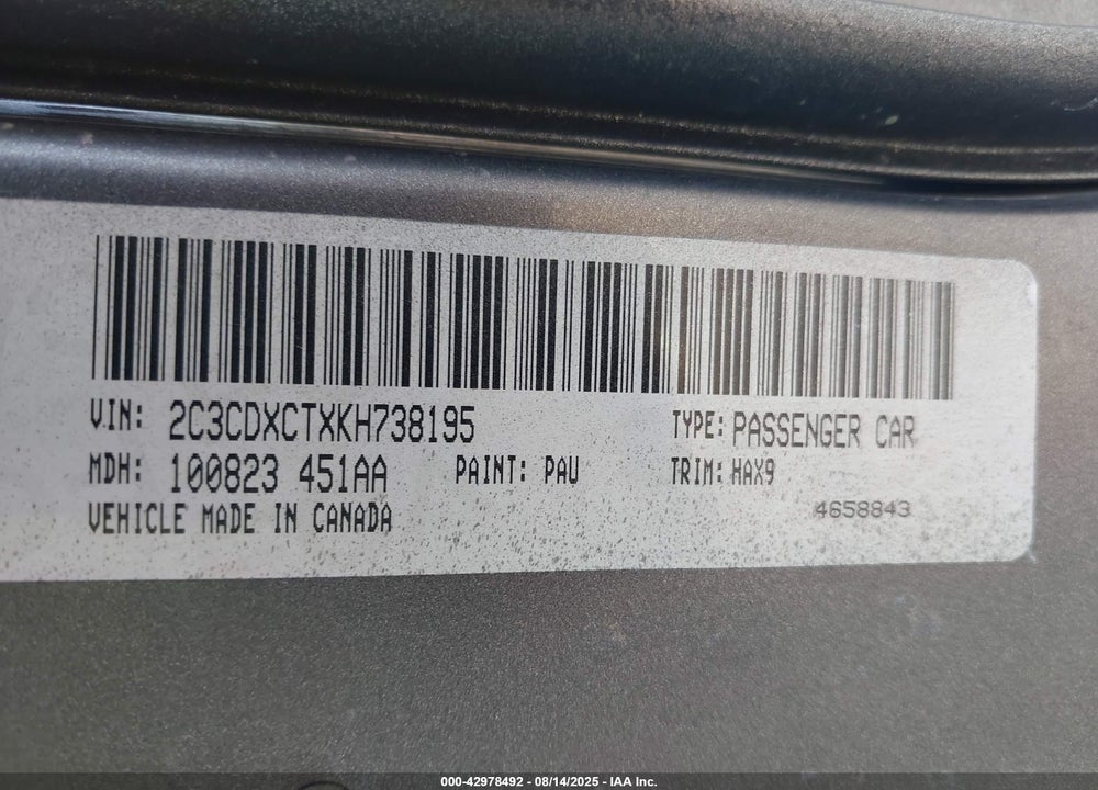 2019 DODGE CHARGER R/T RWD VIN: 2C3CDXCTXKH738195