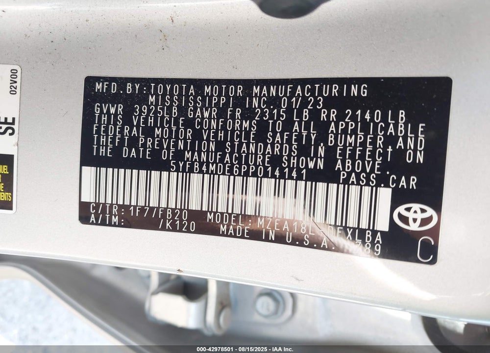 2023 TOYOTA COROLLA LE VIN: 5YFB4MDE6PP014141