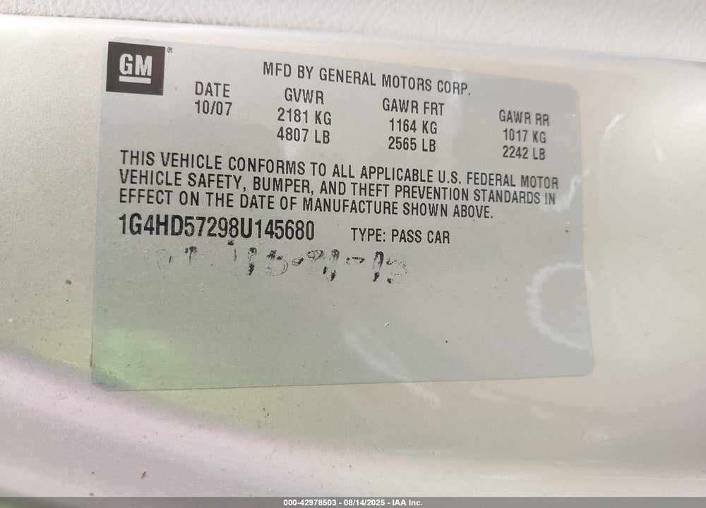 2008 BUICK LUCERNE CXL VIN: 1G4HD57298U145680