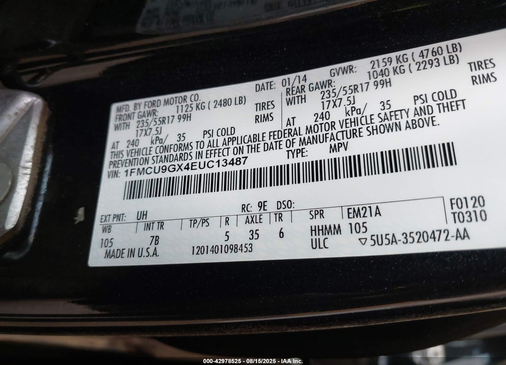 2014 FORD ESCAPE SE VIN: 1FMCU9GX4EUC13487