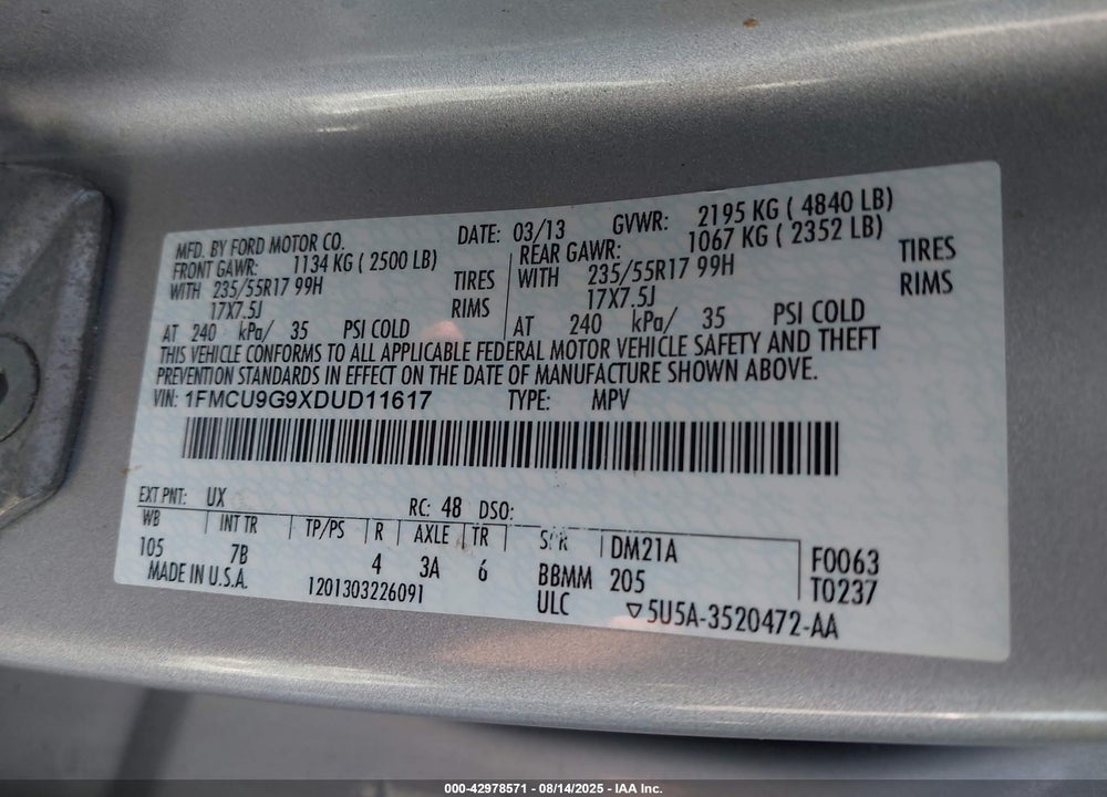 2013 FORD ESCAPE VIN: 1FMCU9G9XDUD11617