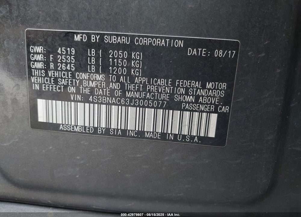 2018 SUBARU LEGACY 2.5I PREMIUM VIN: 4S3BNAC63J3005077