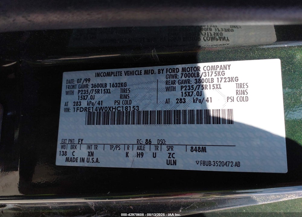1999 FORD E-150 COMMERCIAL/RECREATIONAL VIN: 1FDRE14W0XHC18153