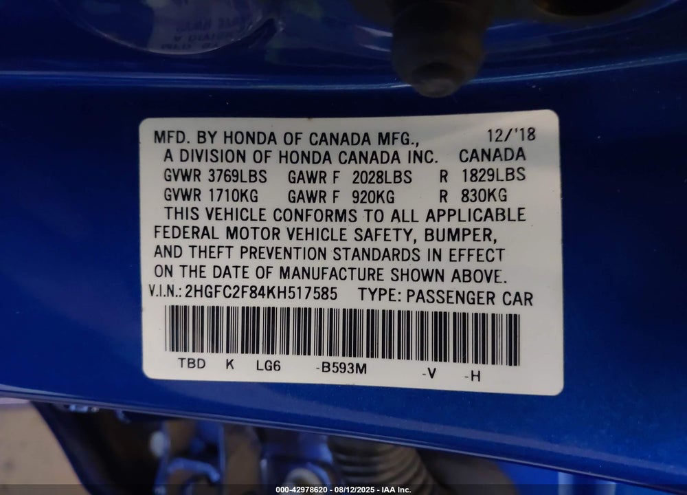 2019 HONDA CIVIC VIN: 2HGFC2F84KH517585